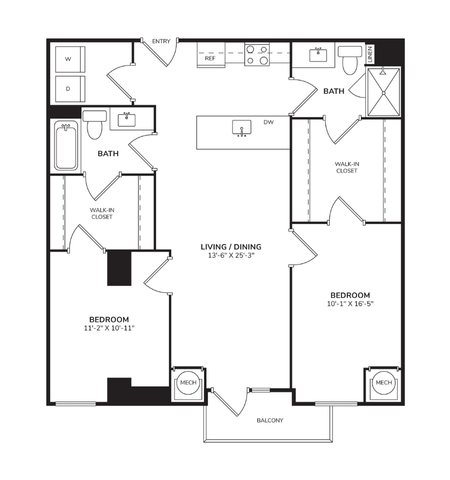 Floor plan for 2 beds, 2 baths, 1201 sqft